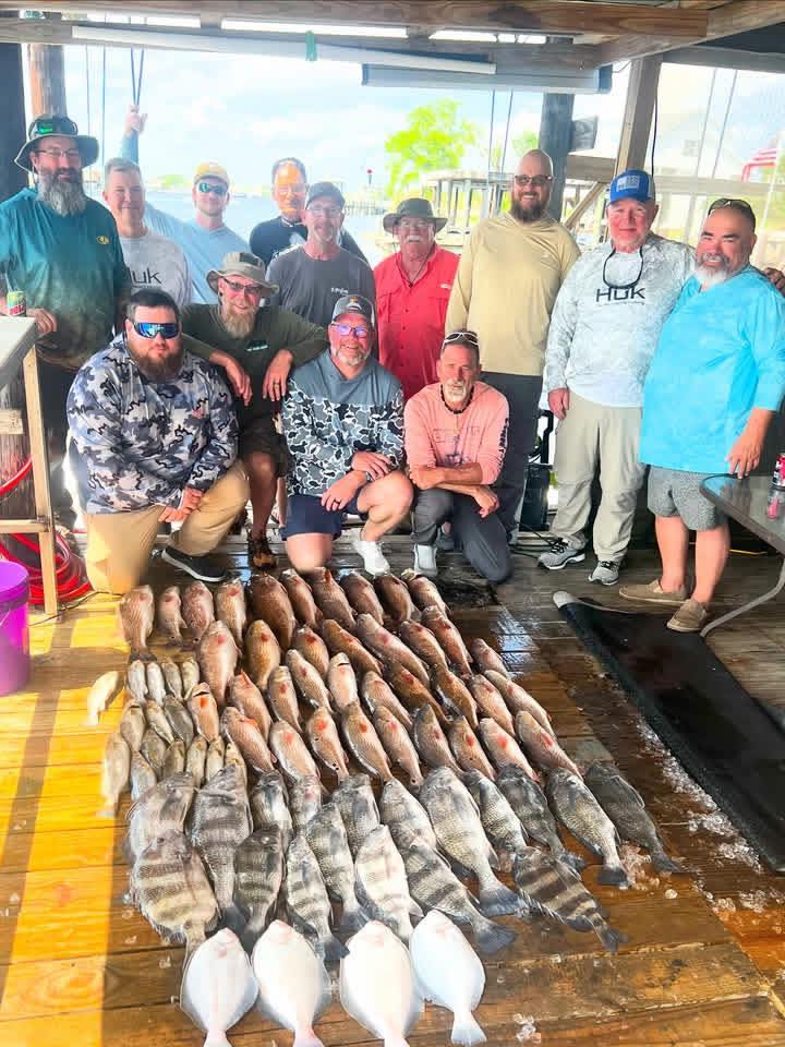 Large fishing catch displayed on dock in Lafitte Louisiana with multiple fish species laid out in organized rows