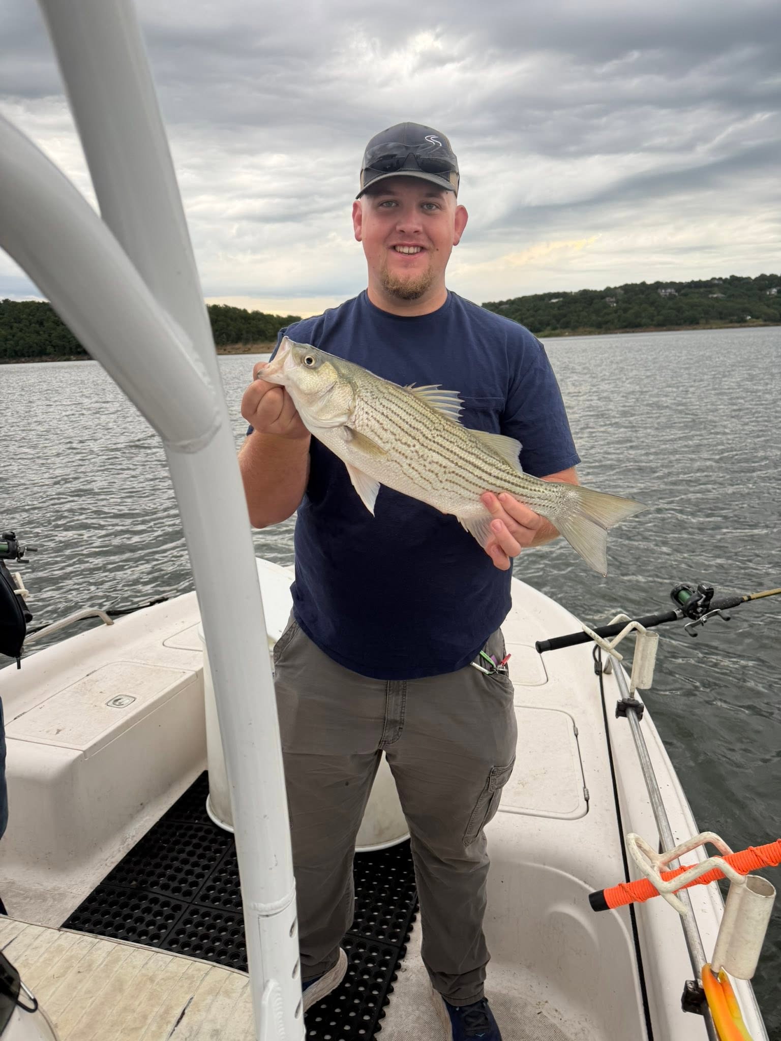 Striped bass catch on fishing boat in Mannford OK
