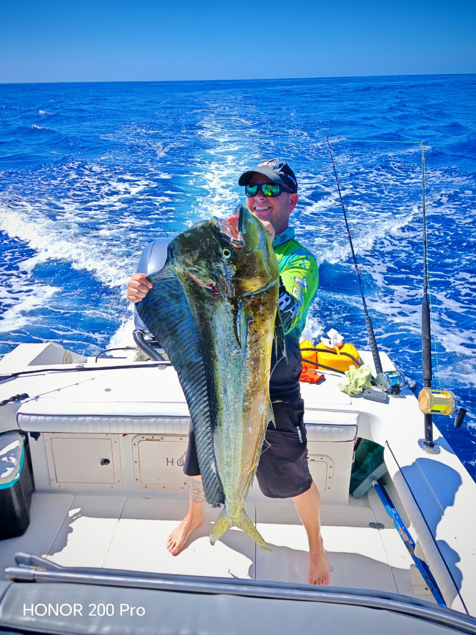 Freshly caught Mahi Mahi displayed on fishing boat deck in Guanacaste waters