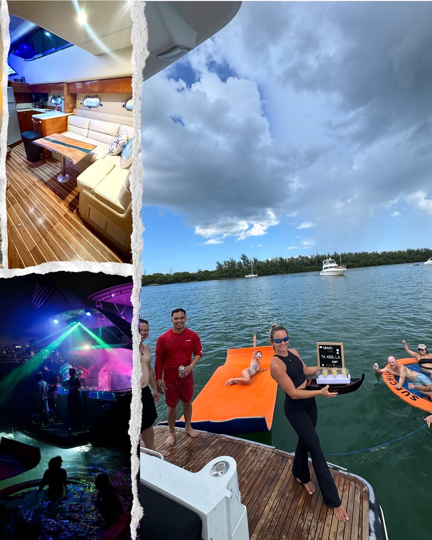 Luxury yacht interior and deck scenes showing elegant cabin seating, entertainment area with colorful lighting, and water activities in Miami FL waters