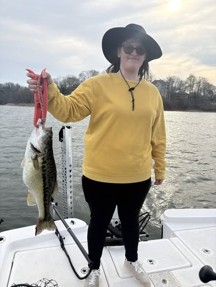 Spotted bass caught while fishing in Buford GA displayed on boat deck