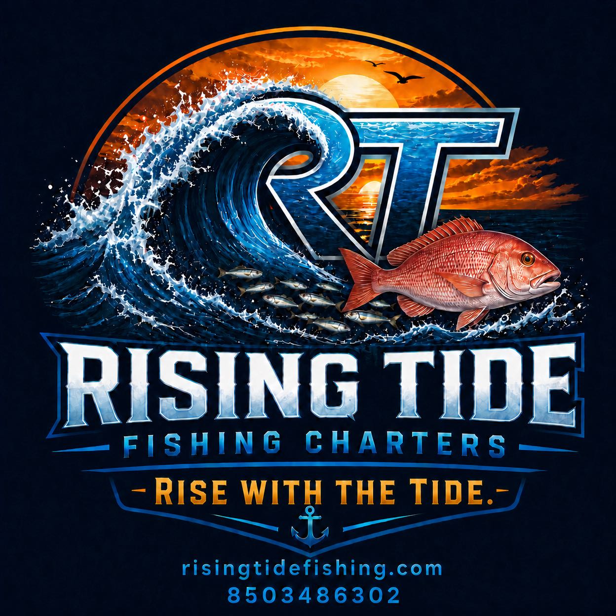 Rising Tide Fishing Charters logo featuring red snapper and ocean wave design in Panama City FL