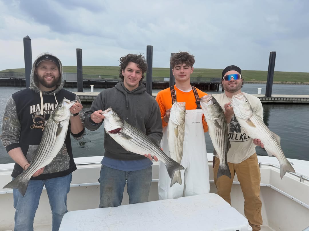 Four anglers displaying freshly caught striped bass and bluefish on fishing boat in Carteret NJ