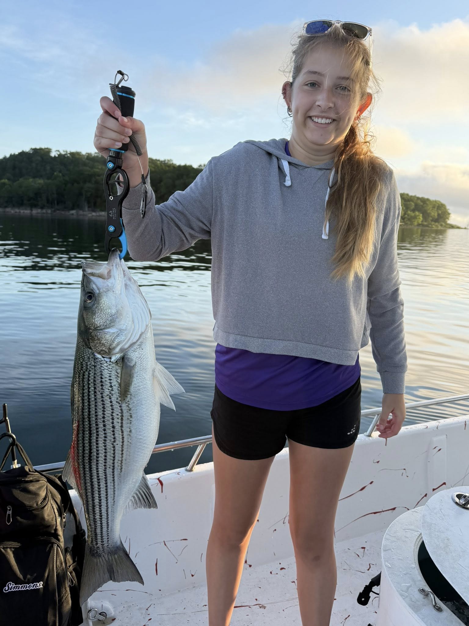 Striped bass caught fishing in Rogers AR displayed on boat deck