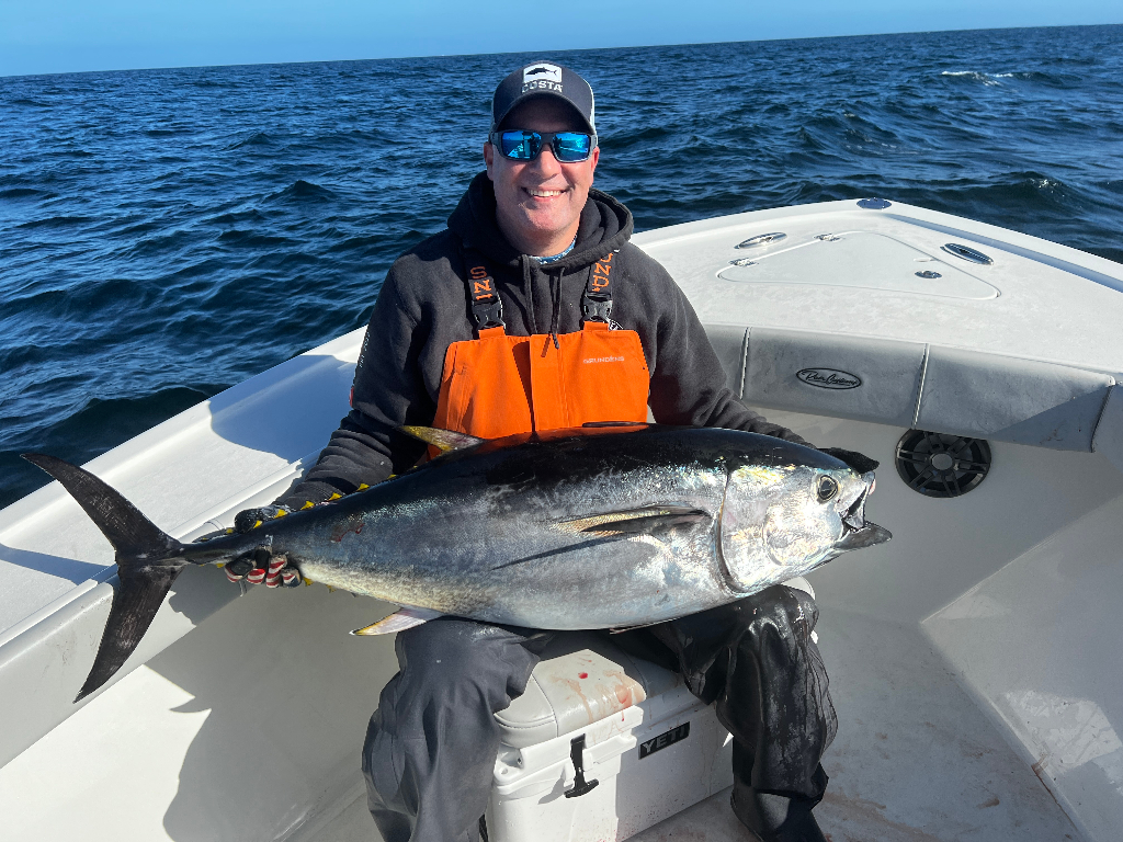 Photograph of a Blackfin Tuna, a large fish caught while fishing in MA.