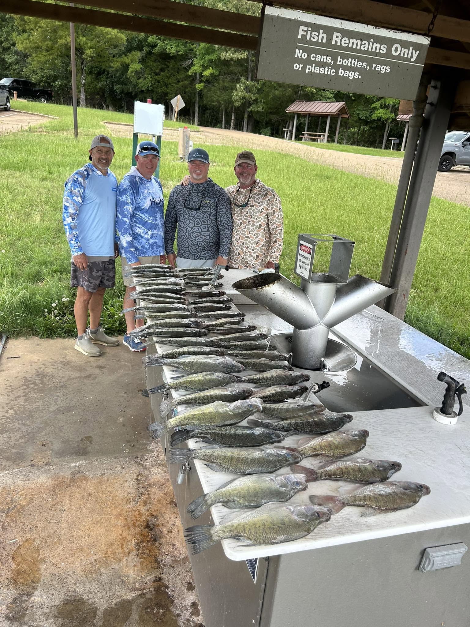 Fish cleaning station with freshly caught fish laid out in rows at Batesville MS fishing location