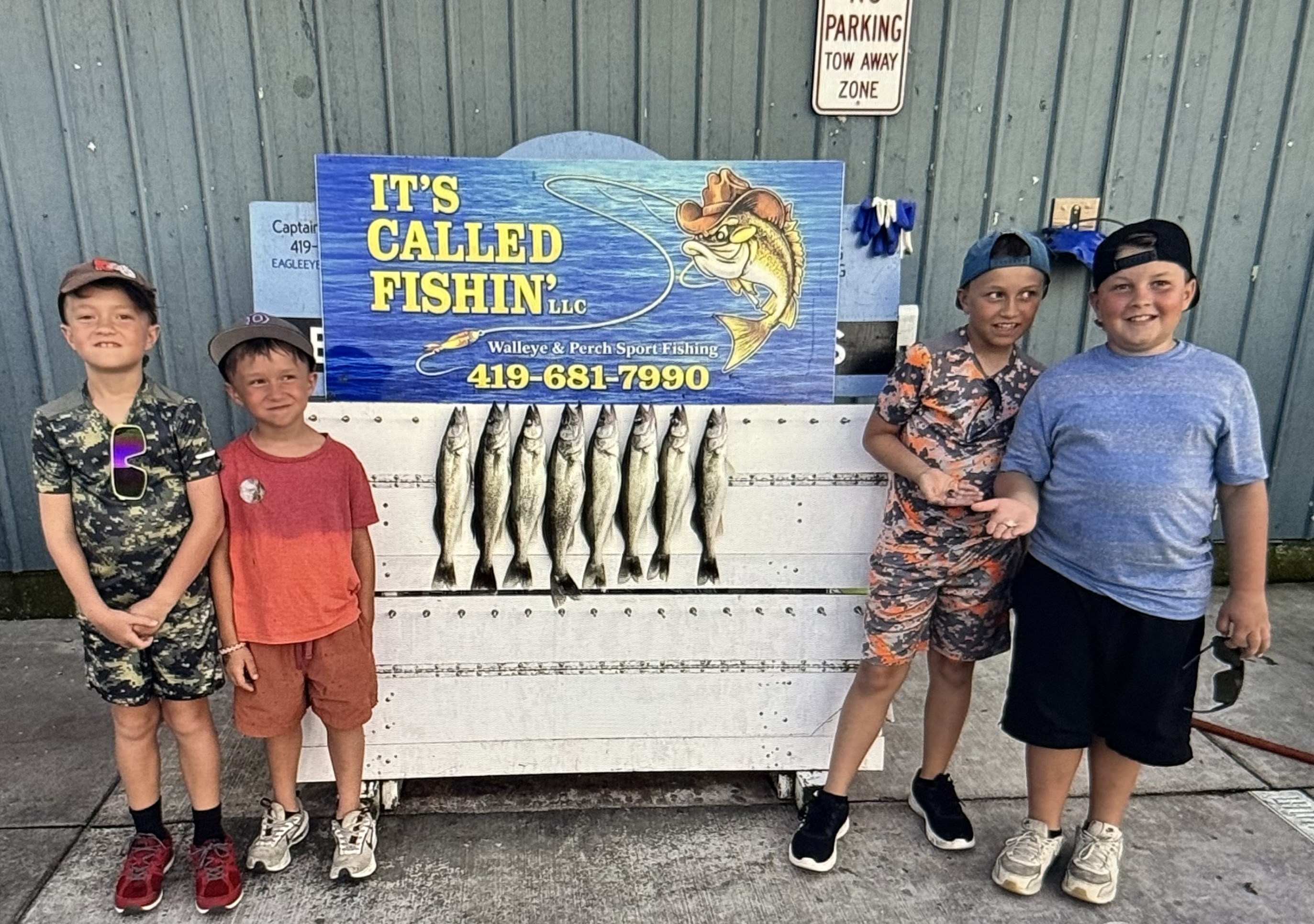 Fishing charter display board showing fresh caught walleye from Lakeside Marblehead OH