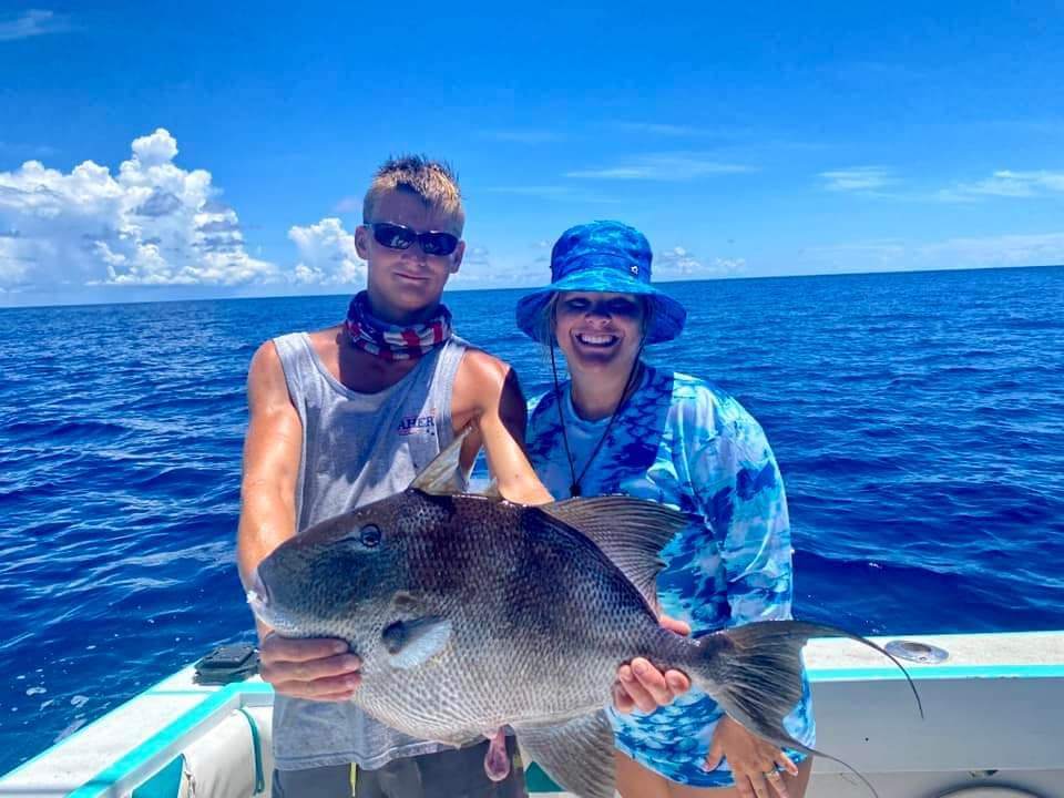 Photograph of a grey triggerfish, 32-inch long, caught near Pensacola