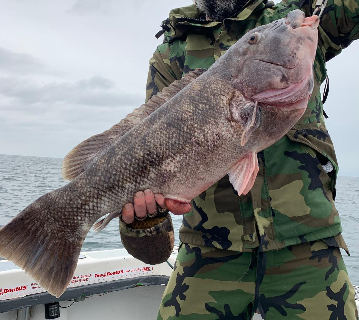 One fishing rod in the water with the location NJ
