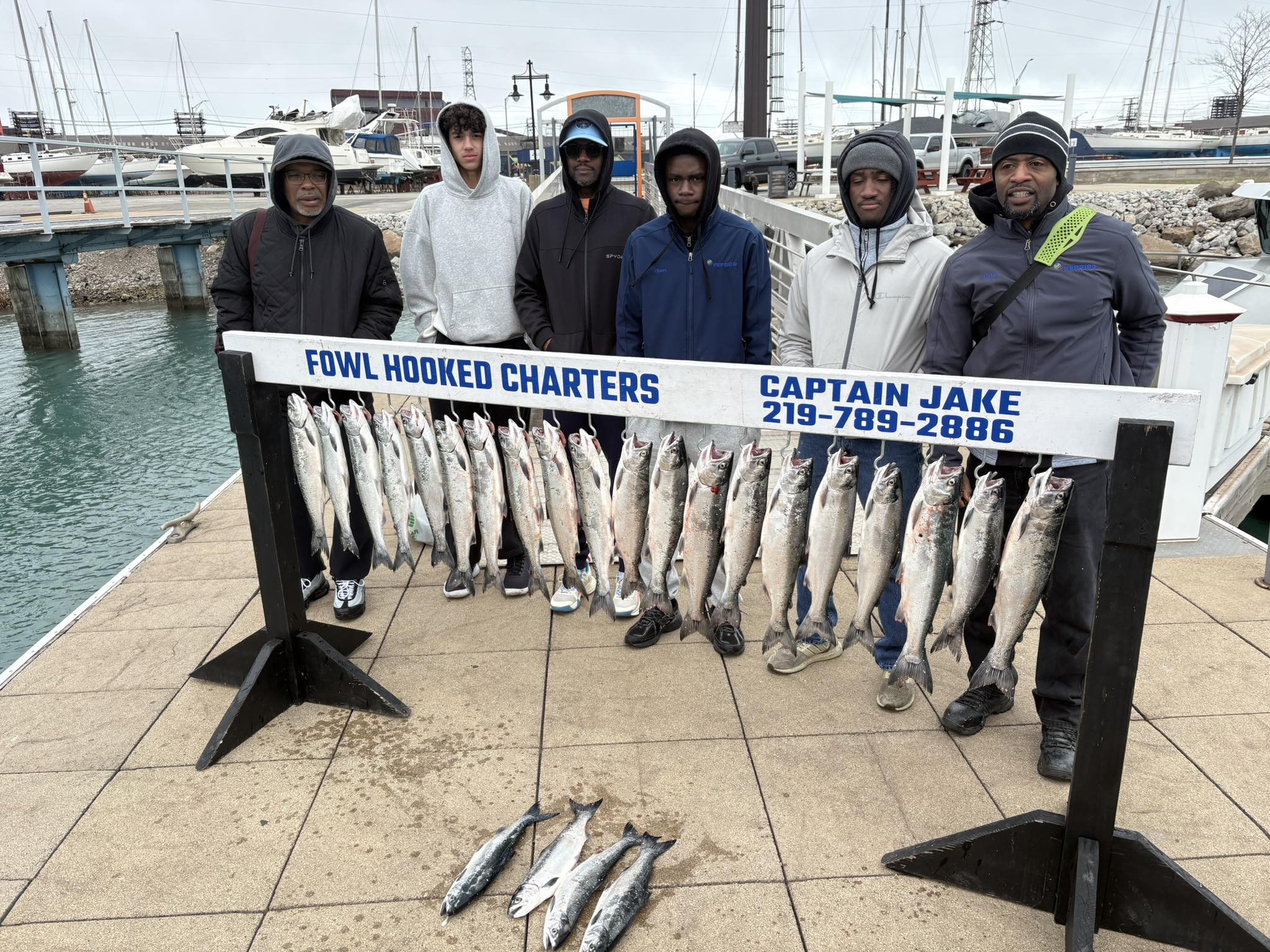 Successful coho salmon fishing charter displaying catch at East Chicago marina with multiple fish hanging on display rack