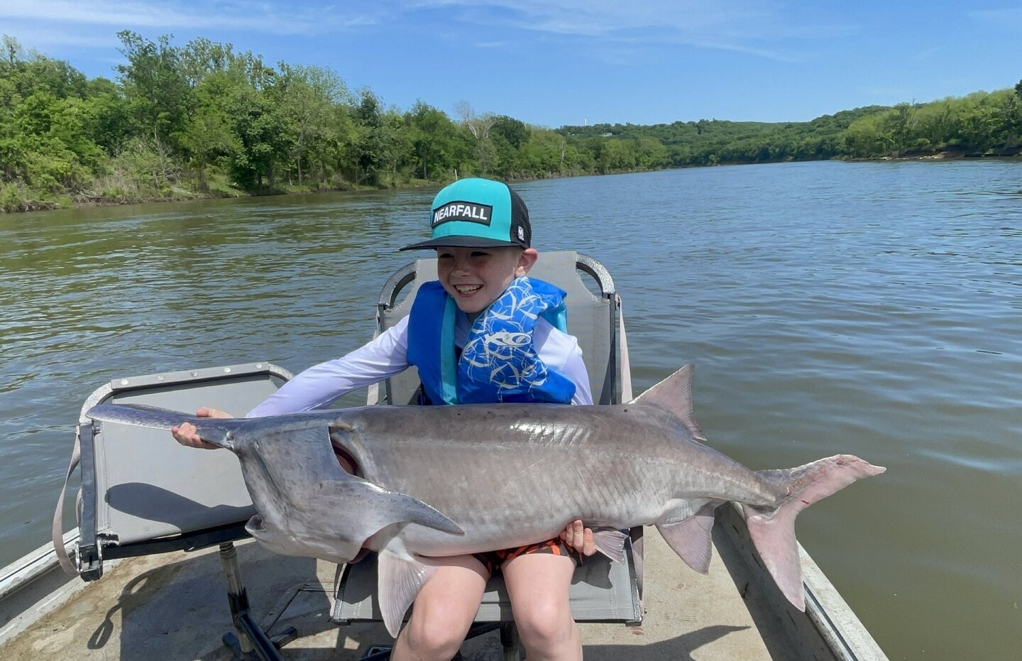 Large catfish catch displayed on boat in Sand Springs OK
