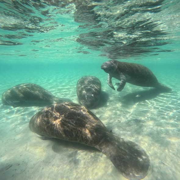 Manatees swimming in clear shallow waters in Crystal River FL