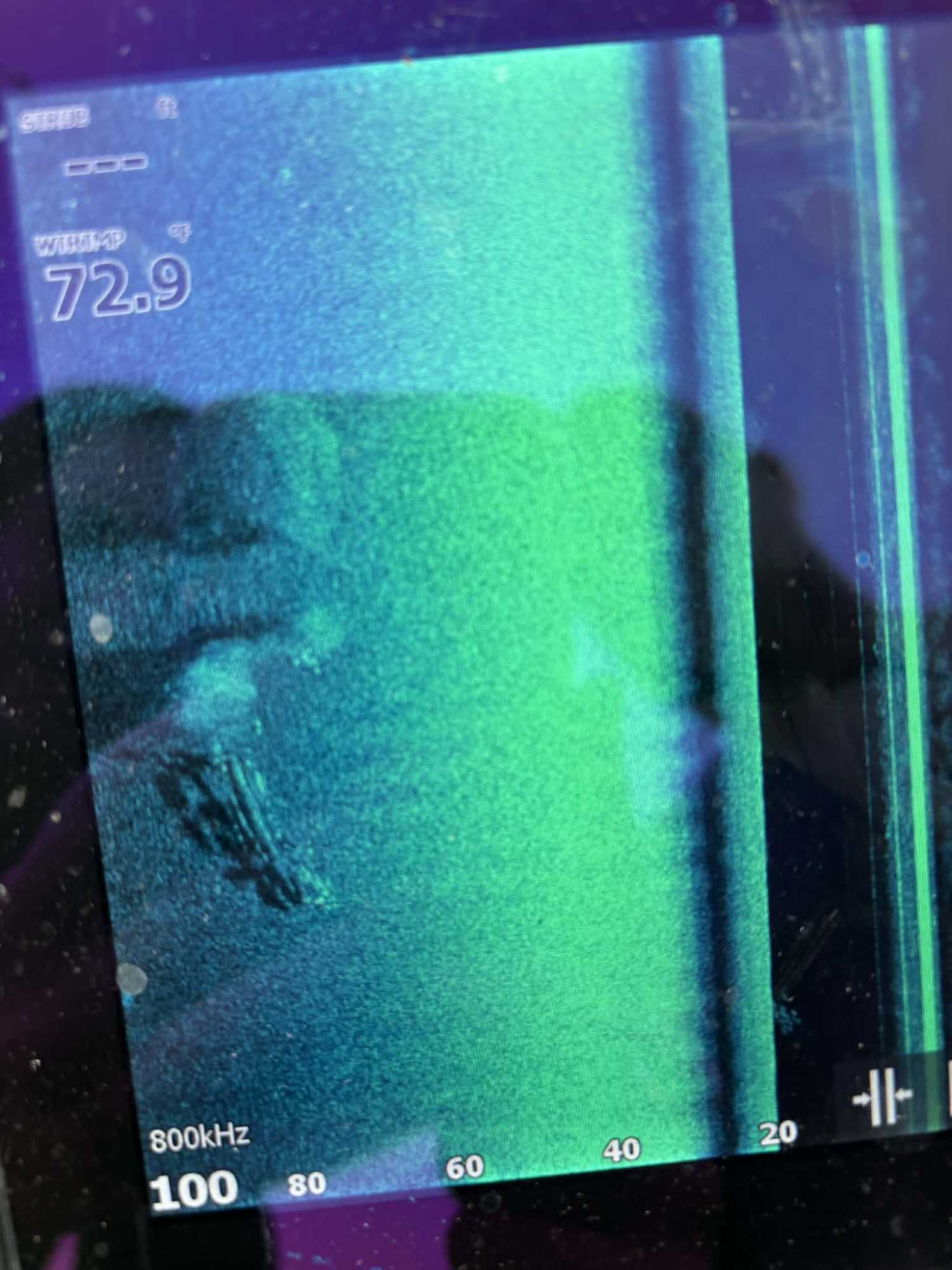 Fish finder sonar display showing underwater sonar reading at 72.9 feet depth in Willis TX fishing waters