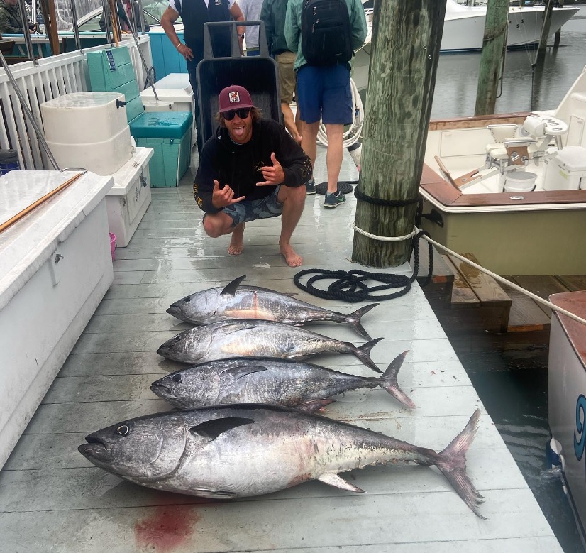 Three large yellowfin tuna, king mackerel, and wahoo fish caught in Virginia