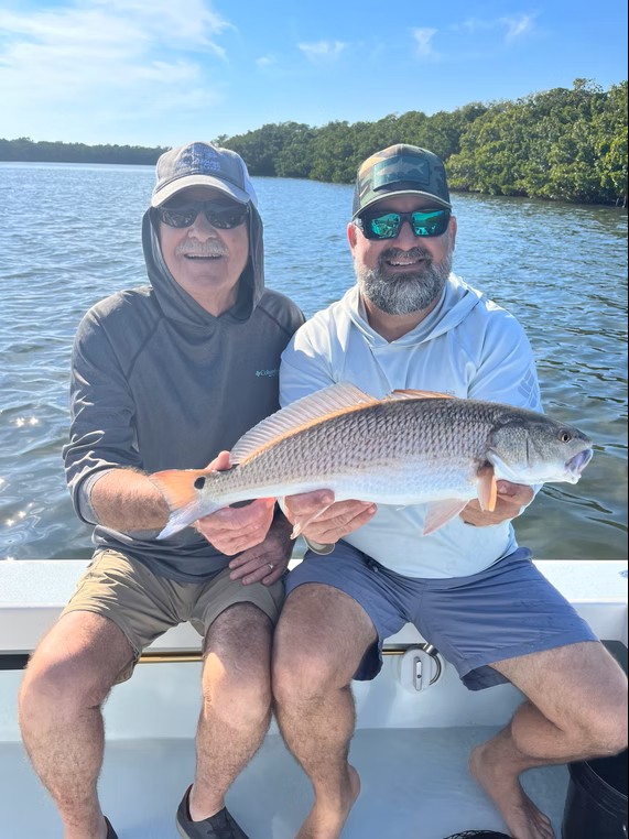 A large redfish caught by two people while fishing in Holmes Beach