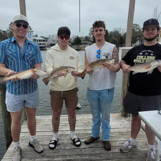 Four anglers displaying three redfish caught in Niceville FL on fishing dock