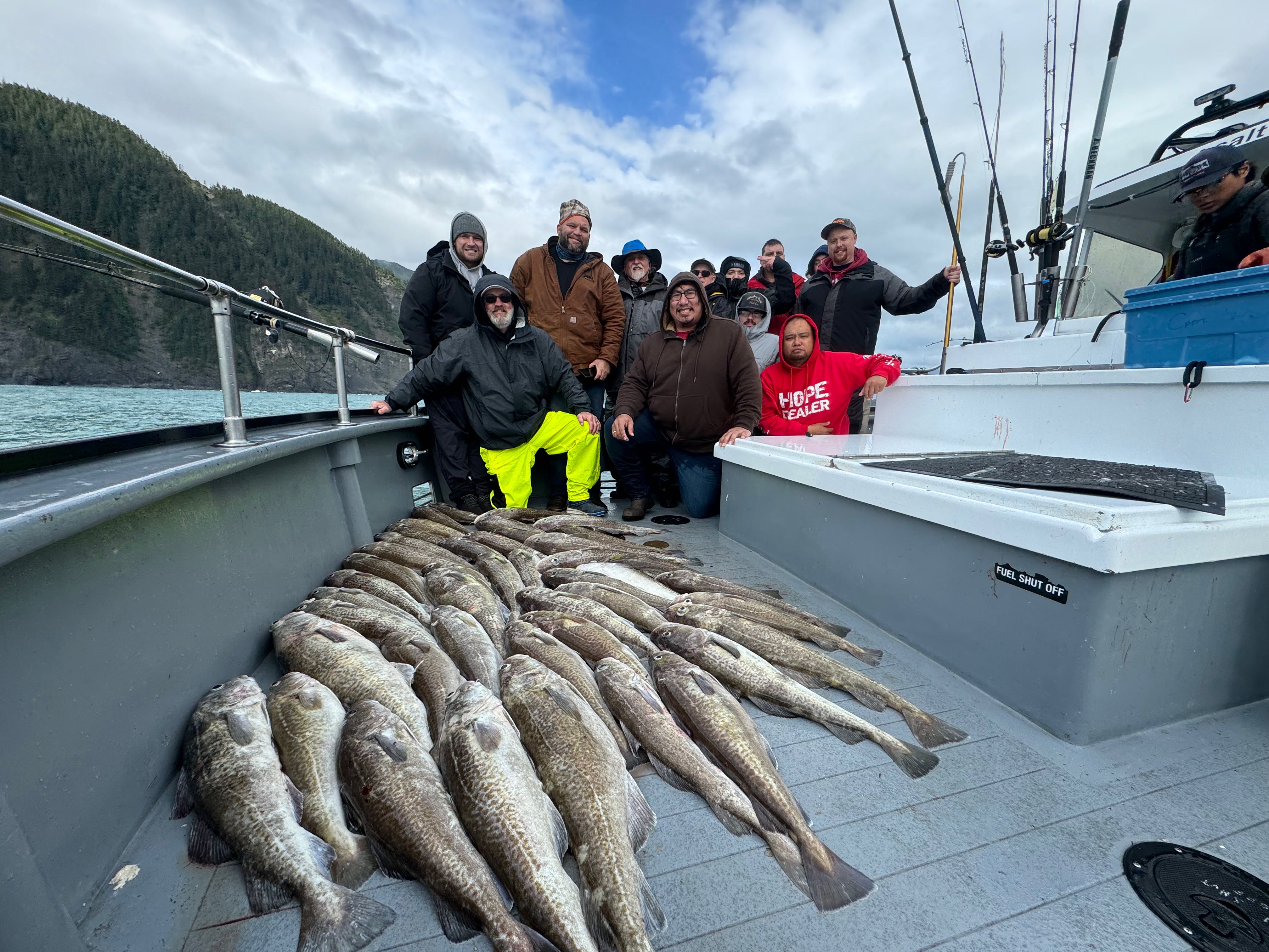 Three large fish caught during a fishing trip in Seward