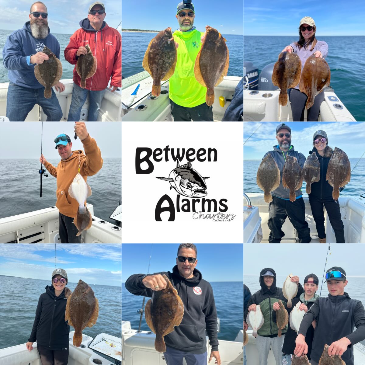 Fishing charter customers displaying winter flounder and summer flounder catches in Orleans MA
