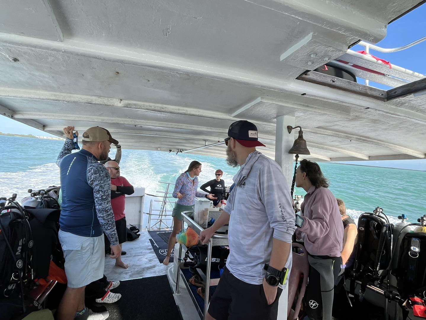 Dive boat with scuba equipment preparing for underwater excursion in Key Largo FL waters