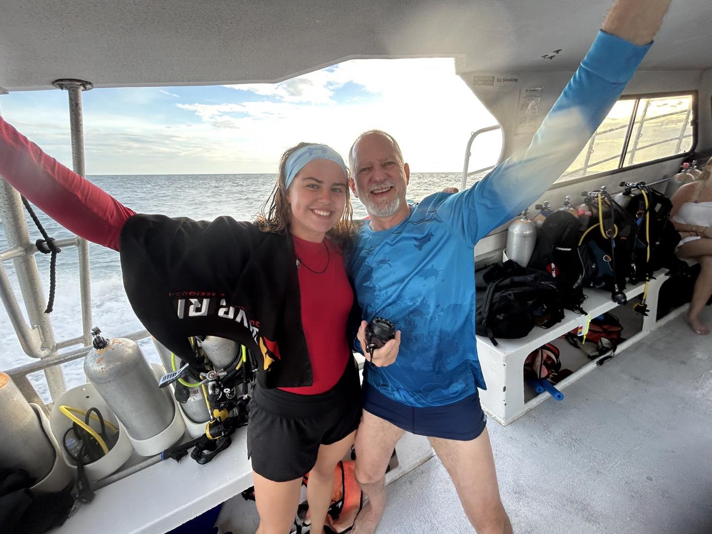 Diving boat deck with scuba gear and tanks in Key Largo FL waters