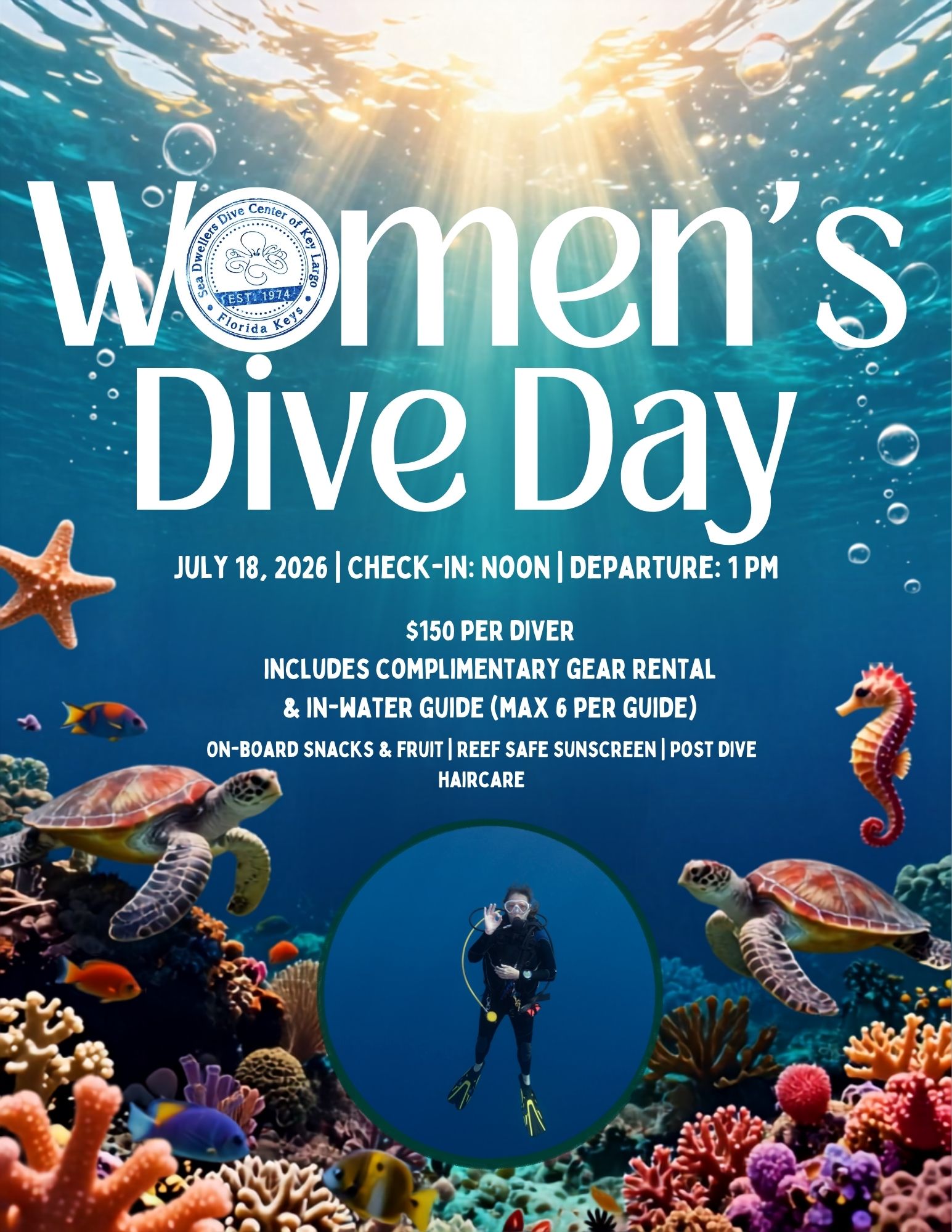 Women's scuba diving group exploring coral reef in Key Largo waters, guided dive experience