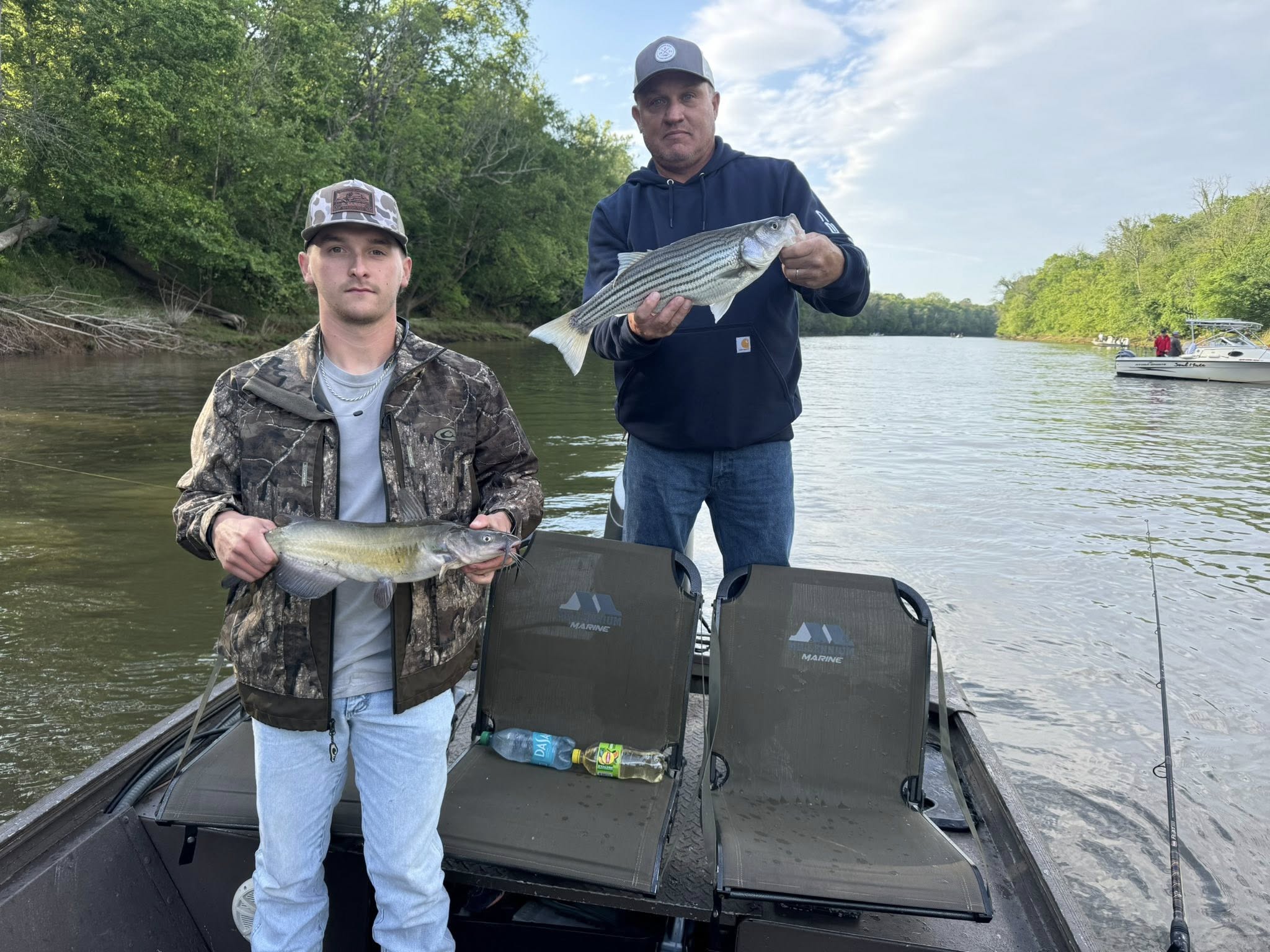 Two anglers displaying caught striped bass and channel catfish on fishing boat in Weldon NC