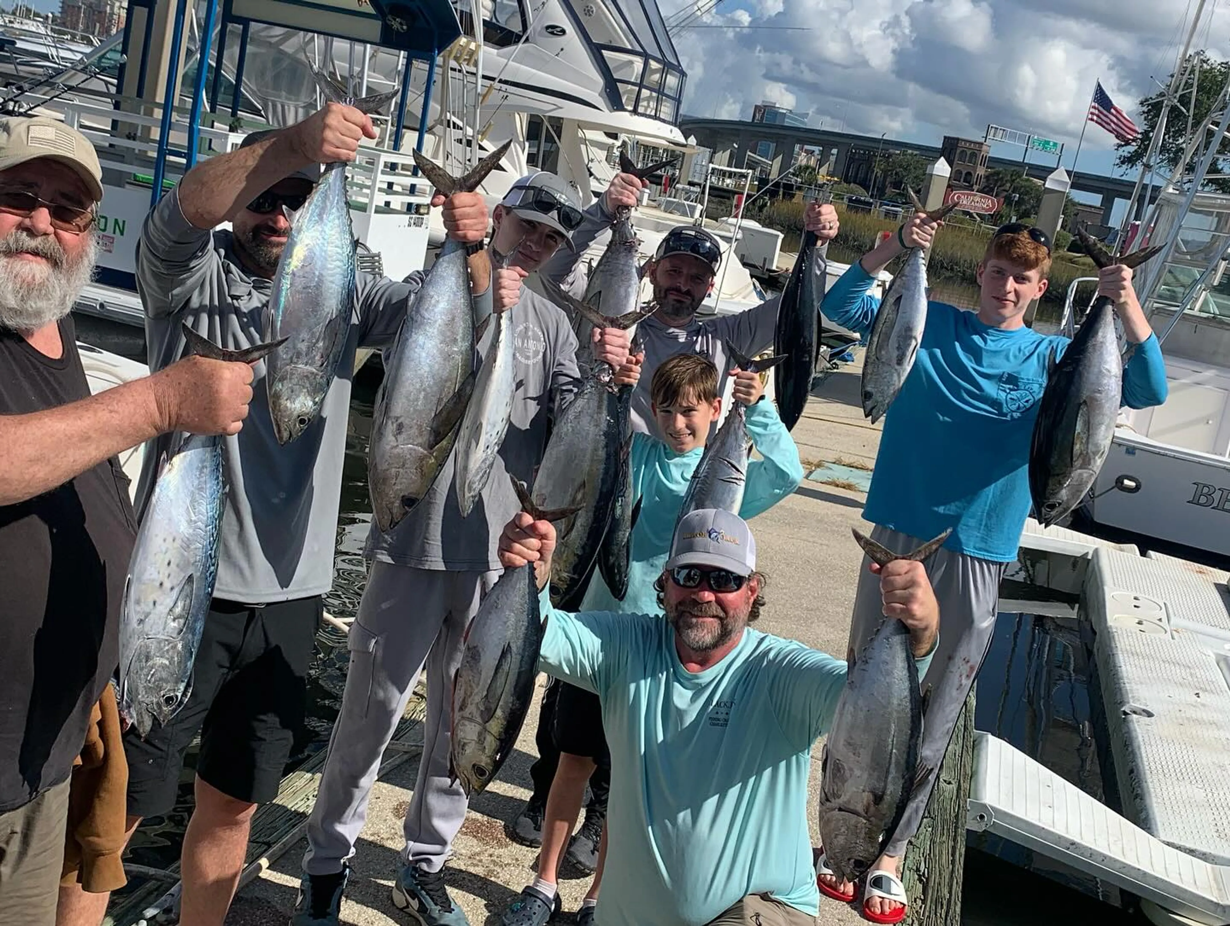 7 blackfin tuna, atlantic bonito, and little tunny fish caught off the coast of Charleston, South Carolina during a fishing trip