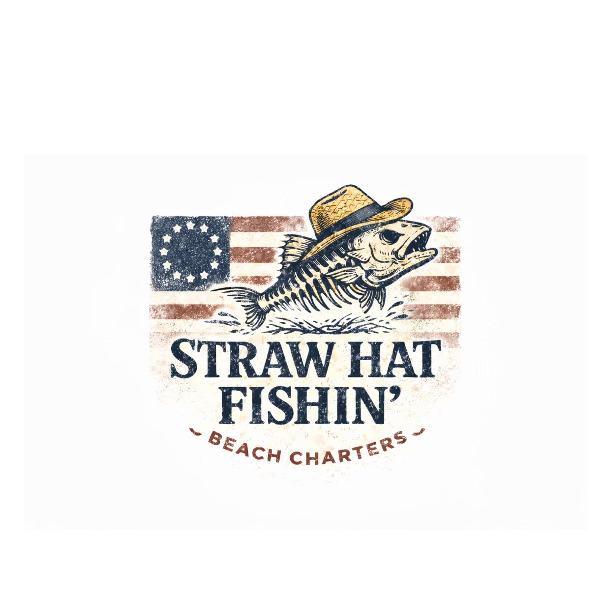Straw Hat Fishin' Beach Charters logo featuring fish with straw hat and vintage American flag design from Perdido Key FL
