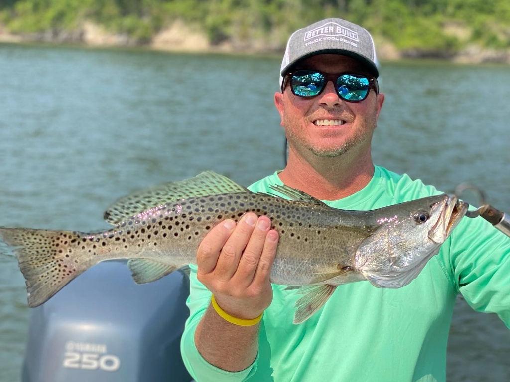 A spotted weakfish, 22 inches long, caught in NC