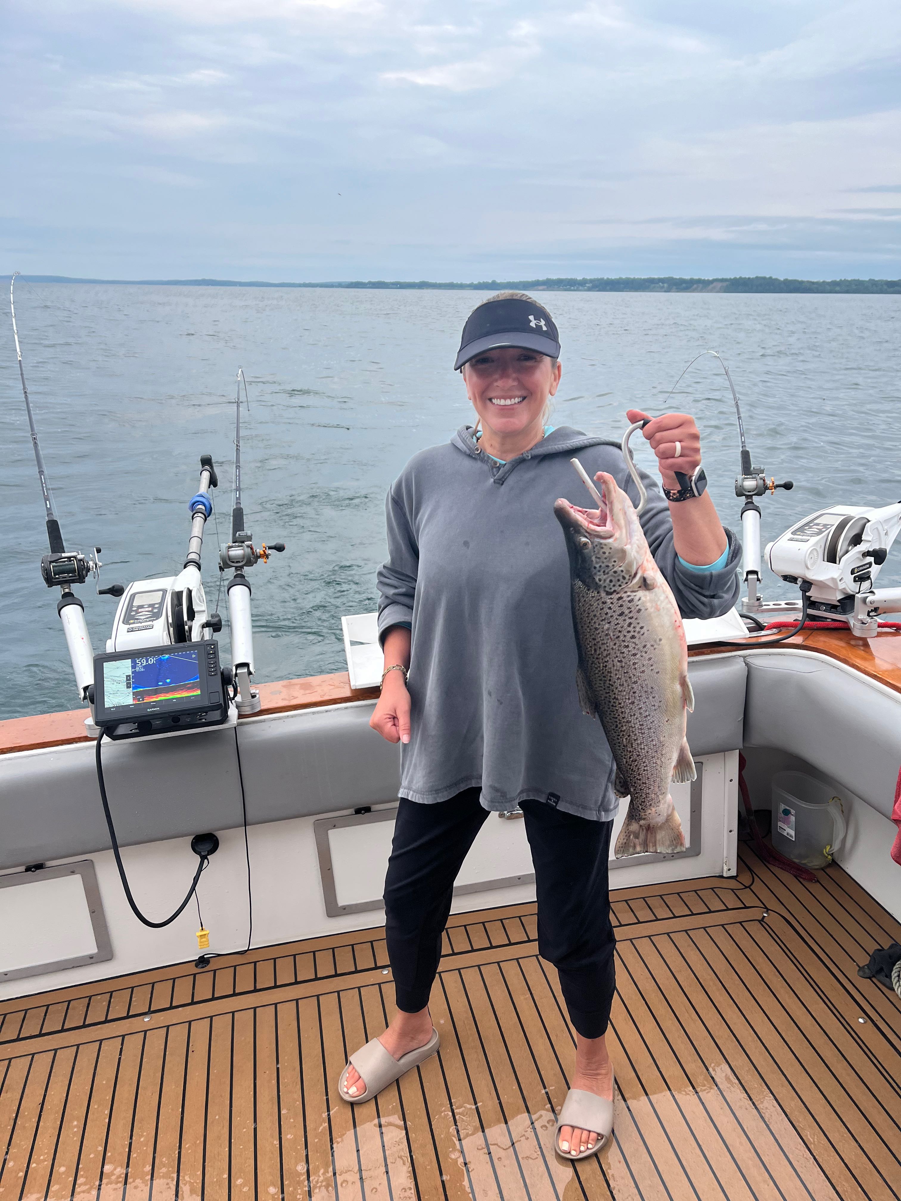 Brown trout caught fishing at Sodus Point NY on boat with fishing equipment