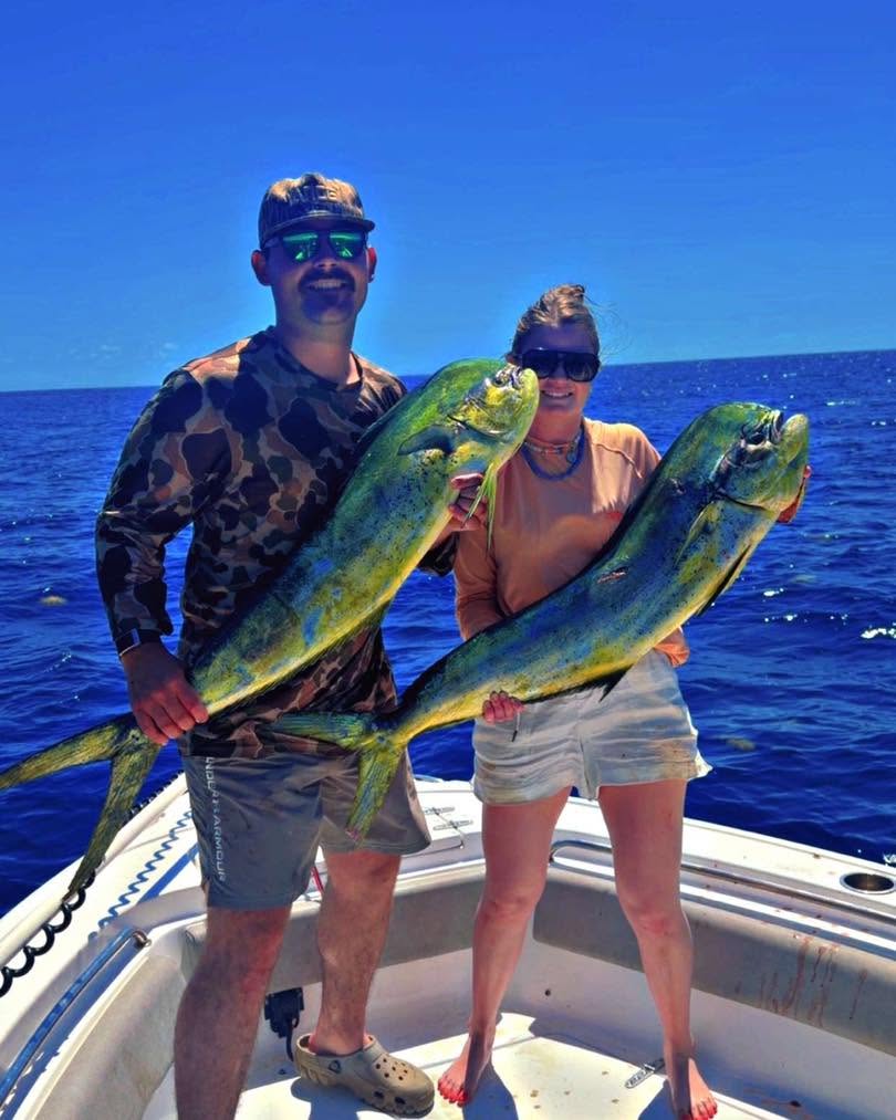 Two large mahi mahi fish caught during deep sea fishing trip in Mount Pleasant SC