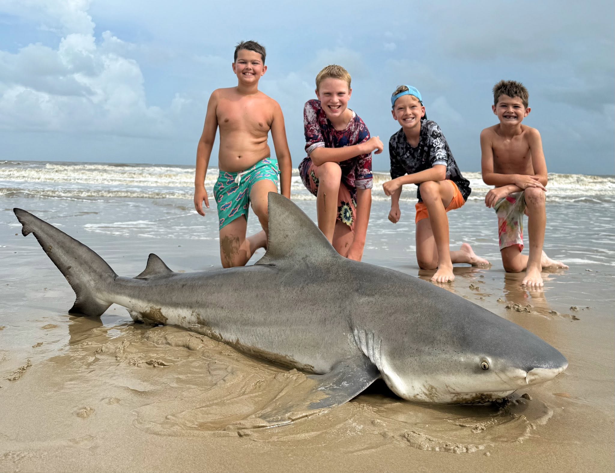 Bull shark catch on Bolivar Peninsula TX beach with four people posing