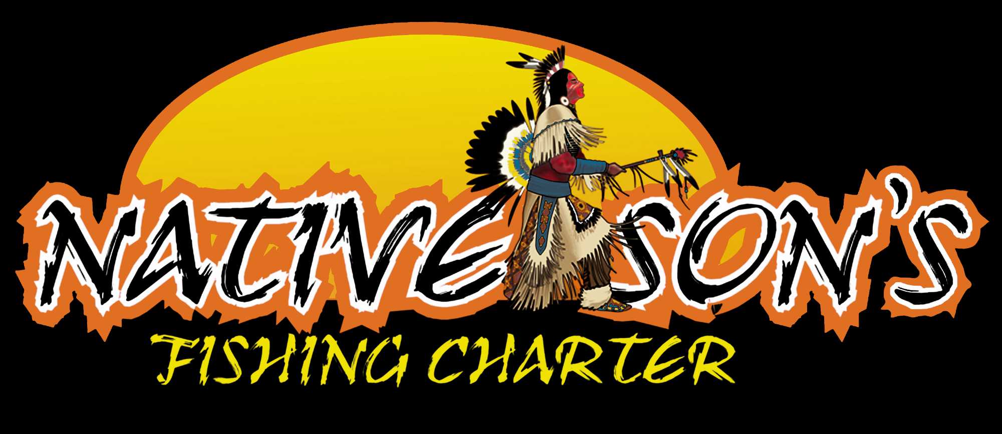 Native Sons Fishing Charter logo featuring Native American figure with feathered headdress against yellow sunset background in Pensacola FL