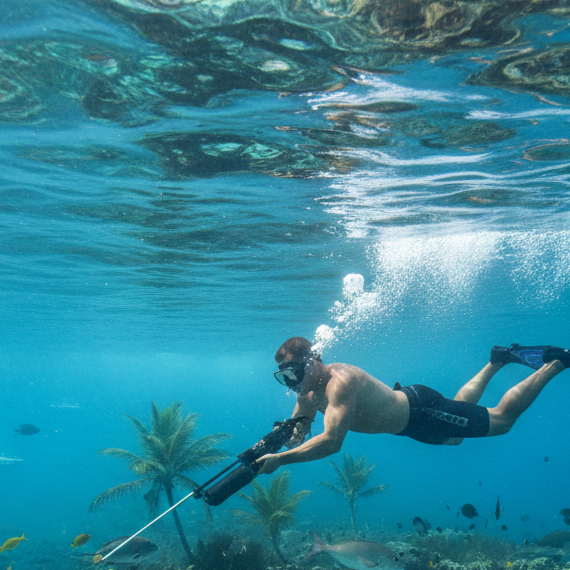 Private pole spearfishing guide with spear in Boynton Beach Florida nearshore reef waters