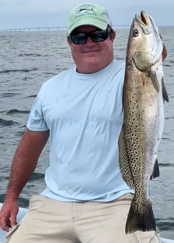 Photograph of a large spotted weakfish caught while fishing in Nags Head, North Carolina.