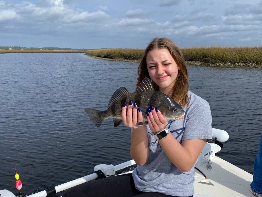 Photograph of a 14-inch black drum fish caught in SC