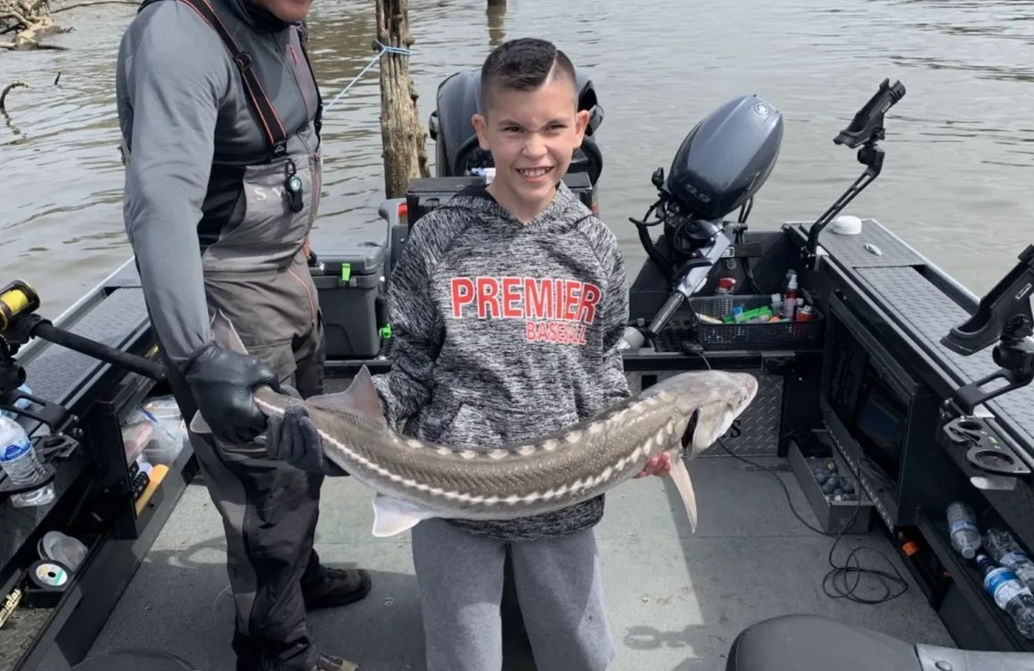 A fisherman catches a white sturgeon in OR