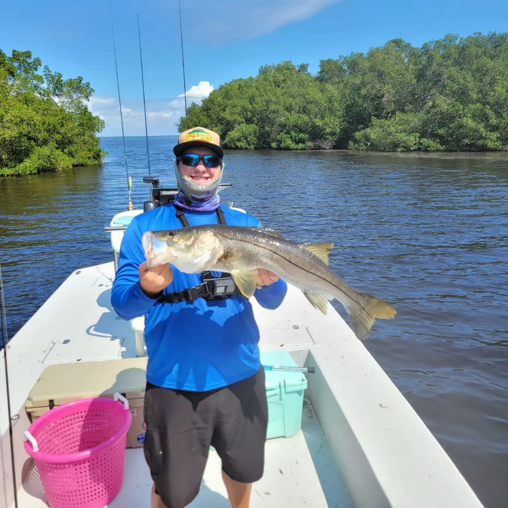Image of a snook, a fishing sport fish, being held by a person in Ruskin