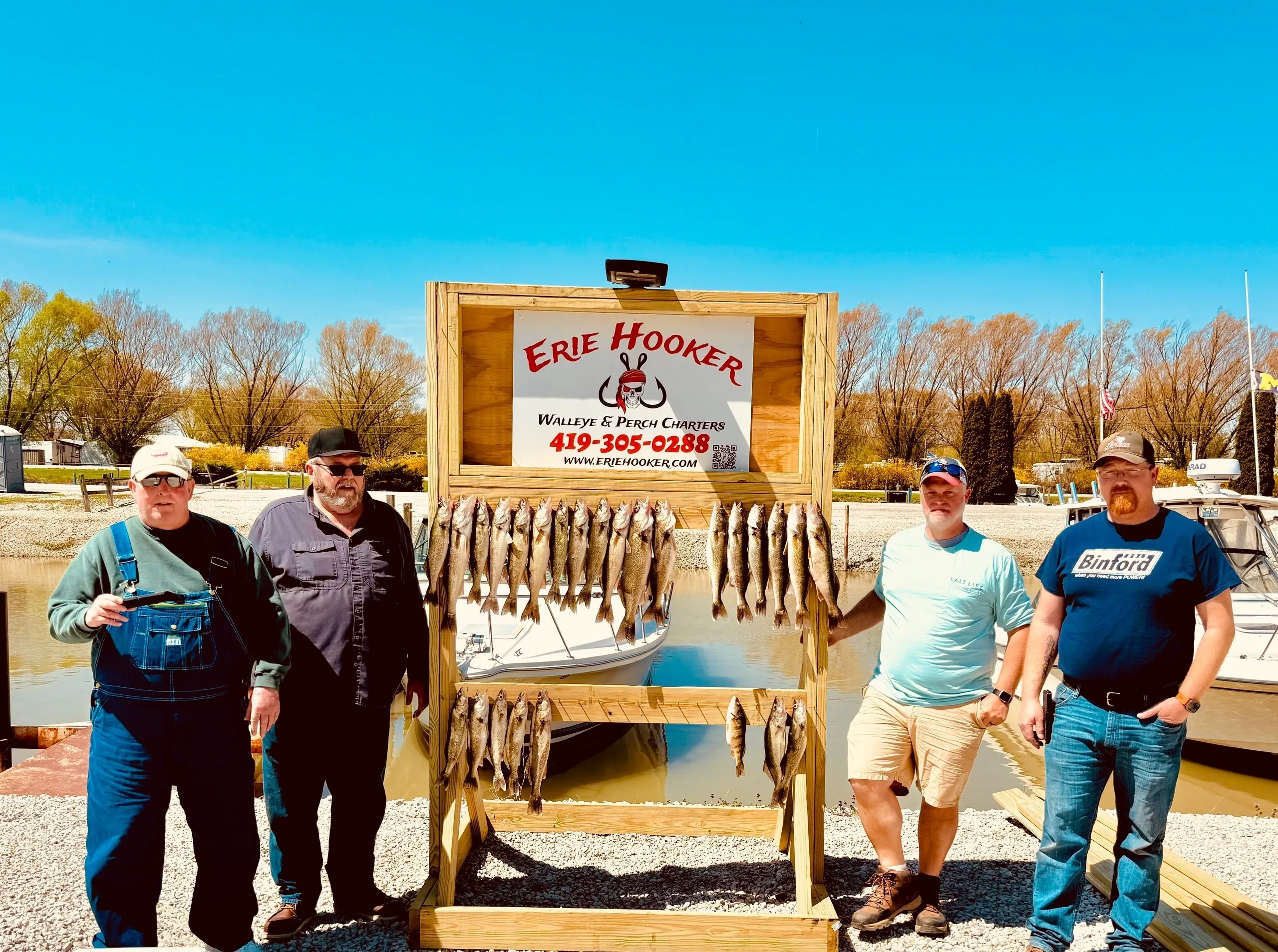 Lake Erie walleye fishing charter boat near Oak Harbor, Ohio with anglers trolling