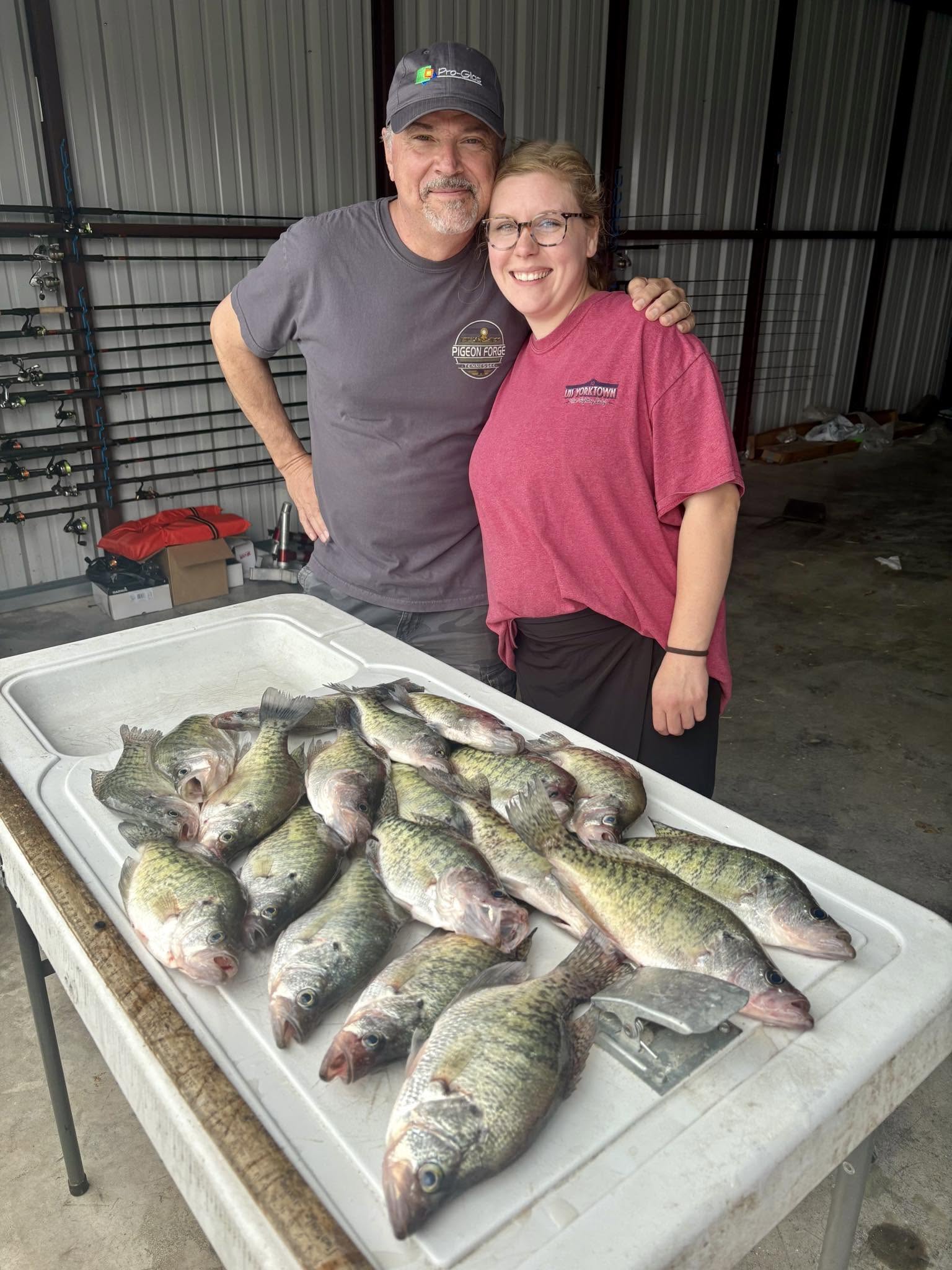 Fresh caught crappie displayed in cleaning station at Rogers AR fishing location