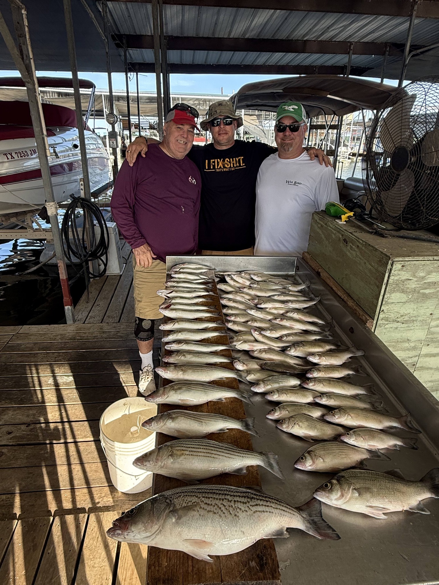 Large catch of striped bass and white perch displayed on cleaning table at Pottsboro TX fishing dock
