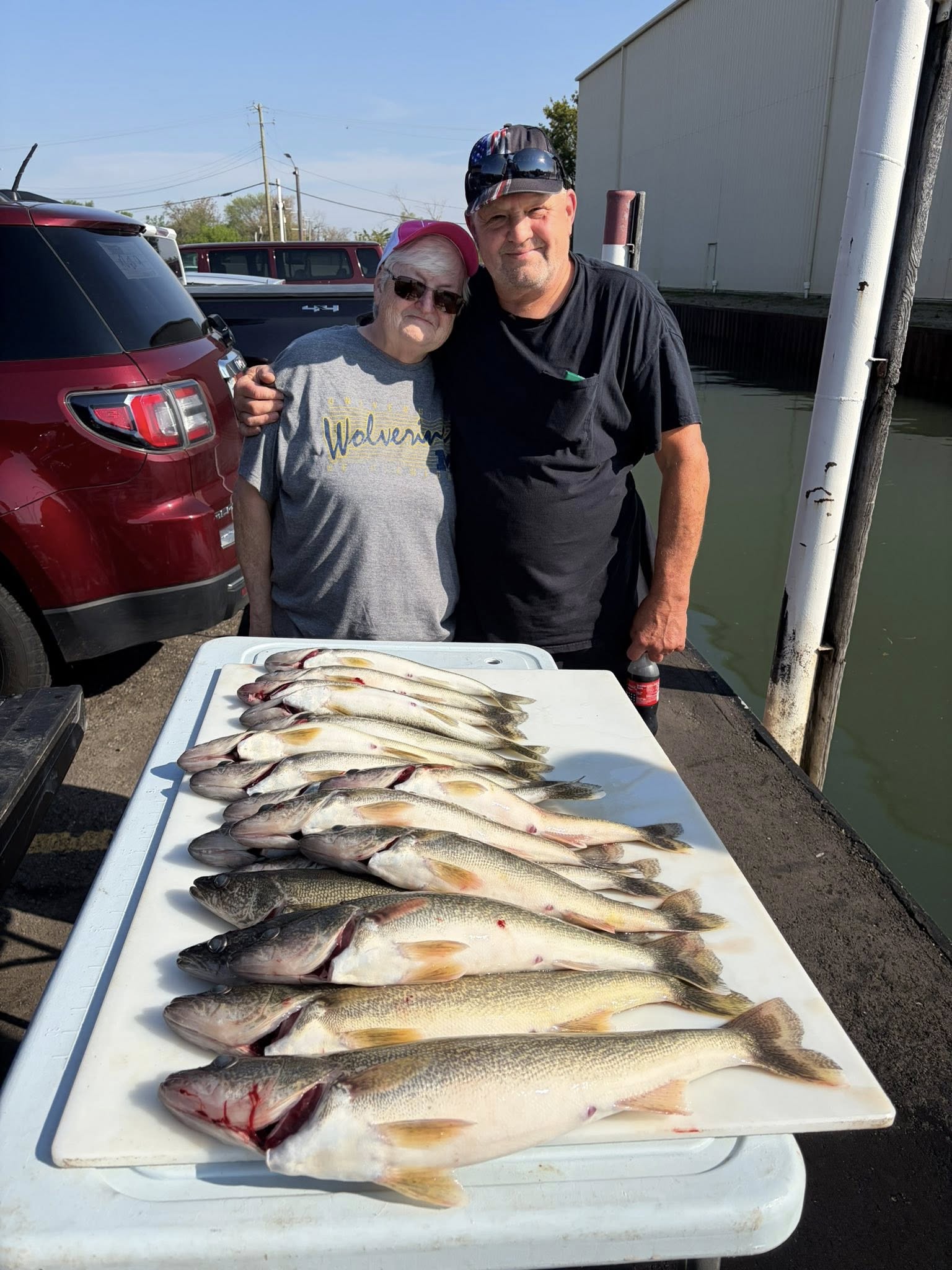 Fresh walleye catch displayed on cleaning table in Detroit MI after successful fishing trip