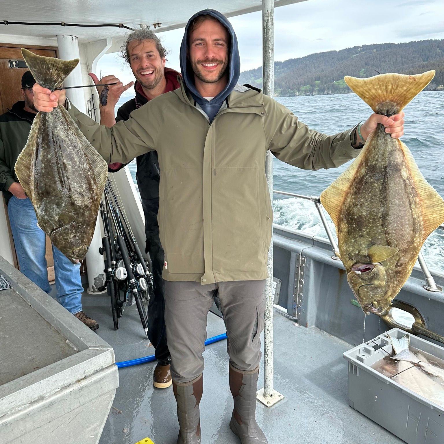 Two big Pacific Halibut fish caught during a fishing trip in Homer, Alaska