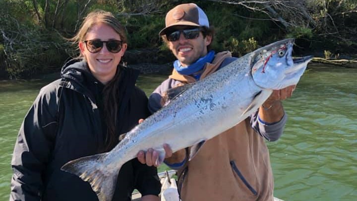 Photo of a pink salmon, 28 inches long, caught in OR