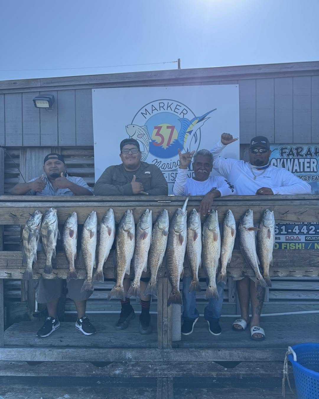Successful fishing trip in Corpus Christi TX showing catch of redfish and black drum displayed on wooden dock