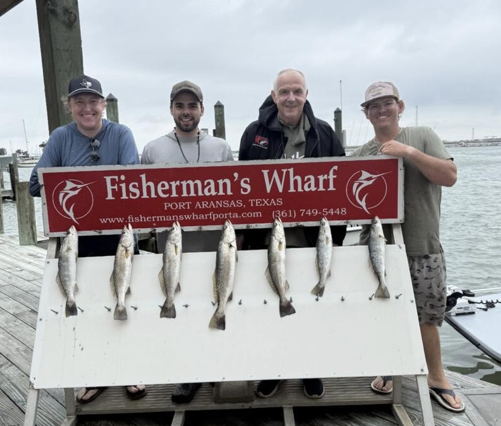 Seven speckled trout displayed on fishing charter cleaning station at Fisherman's Wharf in Corpus Christi TX