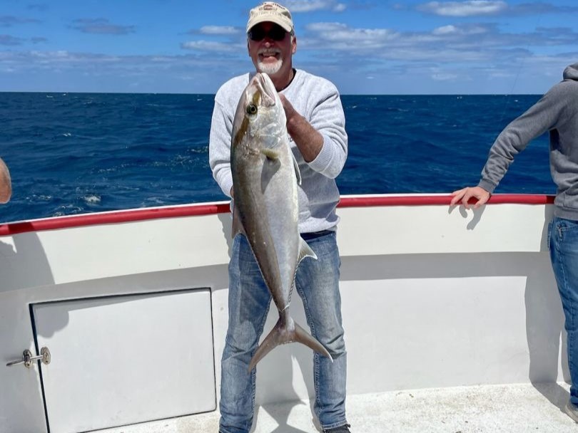 Photograph of a greater amberjack, a 30-inch saltwater fish, caught while fishing in FL.