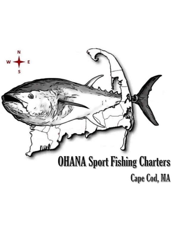 OHANA Sport Fishing Charters logo featuring bluefin tuna illustration over Cape Cod Massachusetts map
