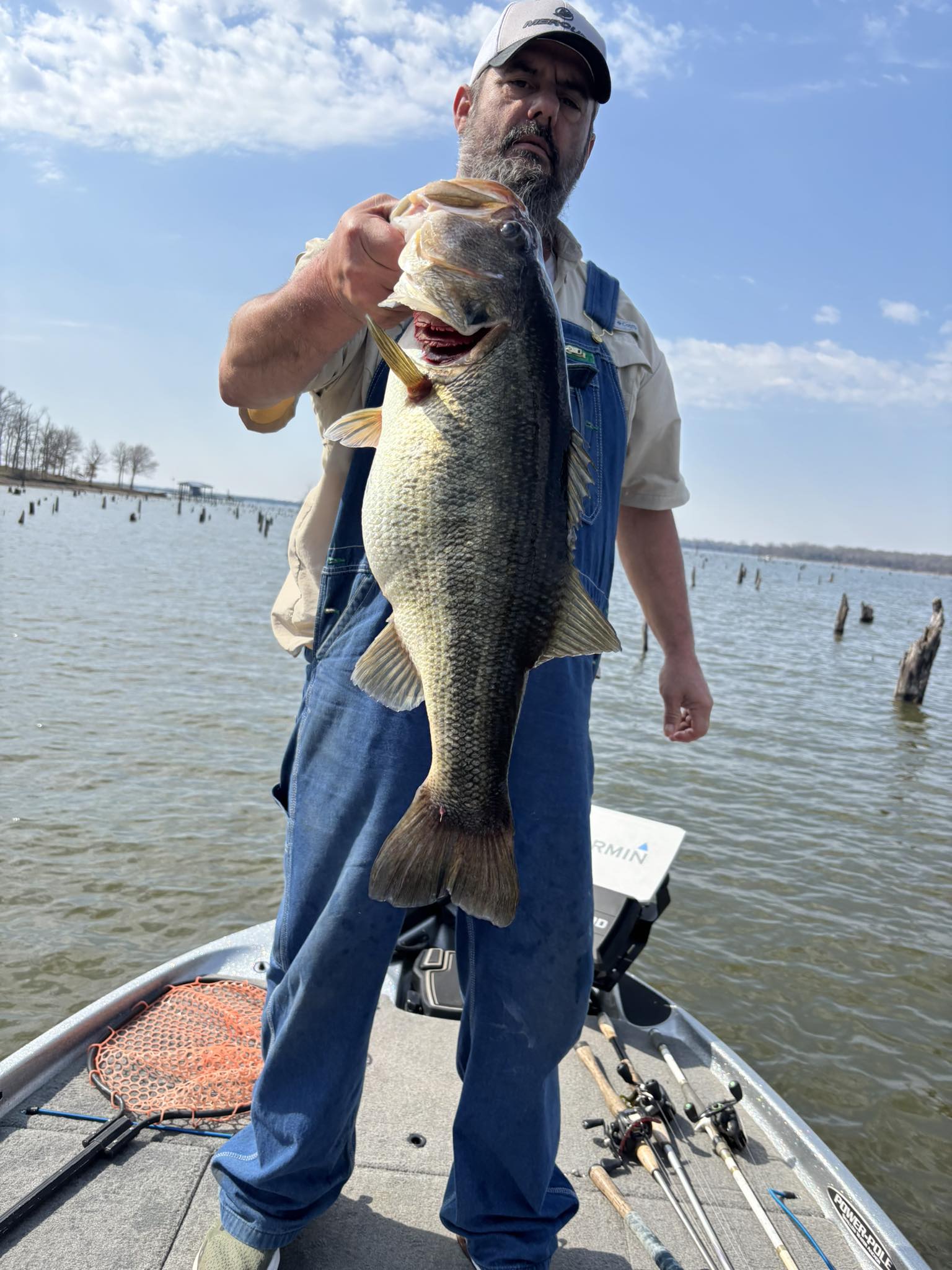 Large bass fish being held on fishing boat in Alba TX lake with wooden stumps visible in background water