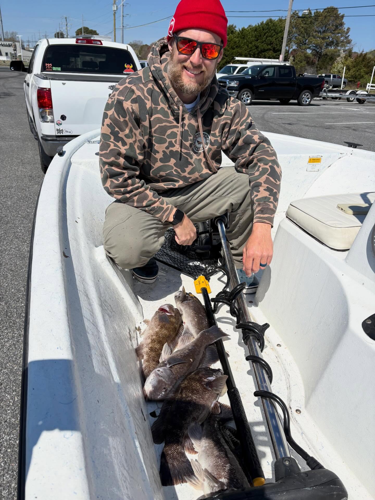 Fresh caught tautog displayed in boat after successful fishing trip in Salisbury MD